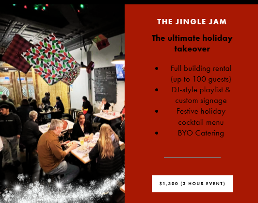 A festive holiday party event setup with guests enjoying their time, featuring a decorated space with holiday themes and catering options.