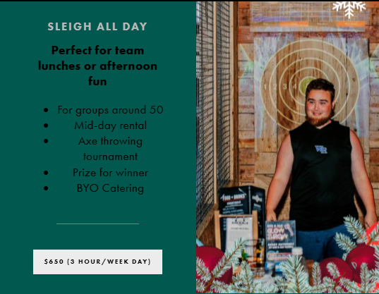 Promotional image for axe throwing events at Axe & Ale, featuring a young man standing in front of a bullseye target, highlighting options for team lunches and afternoon fun.